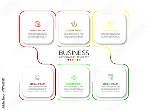Business model with 6 rectangular elements placed around the center. Concept of 6 steps of business strategy.