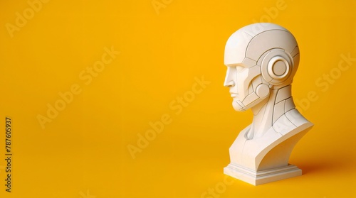 Marble statue of ancient person and robot humanoid on yellow background
