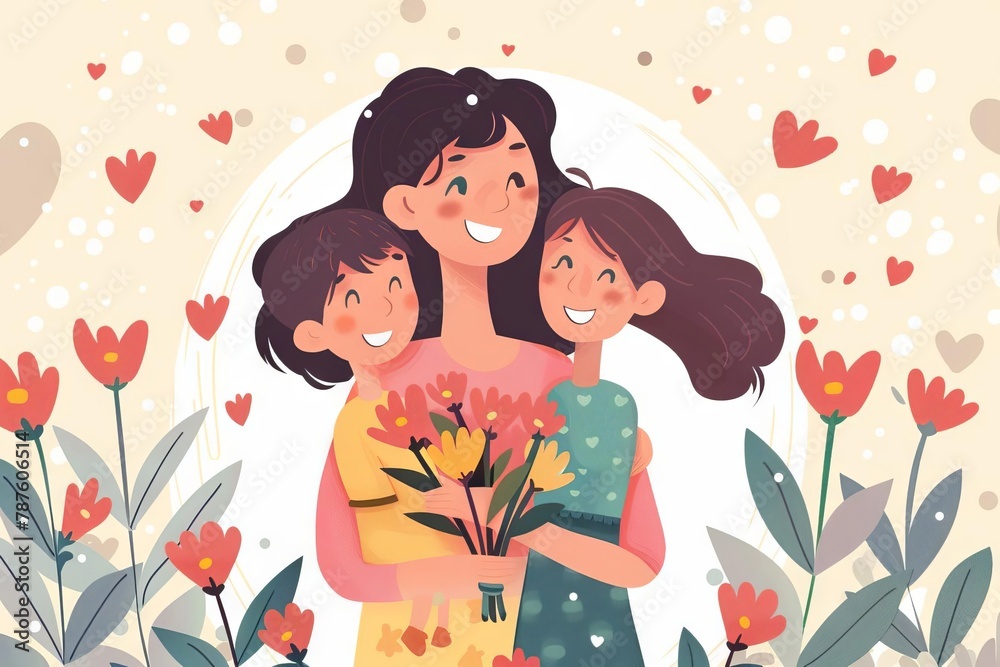 adorable cartoon illustration of happy kids celebrating mothers day with their loving mom