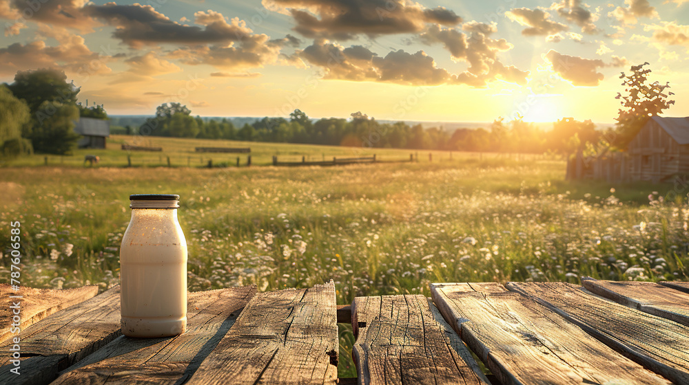 beautiful glass bottle of milk on wooden desk table top with nature background , space for text, cards banners or posters beautiful glass bottle of milk on wooden desk table top with nature background , space for text, cards banners or posters