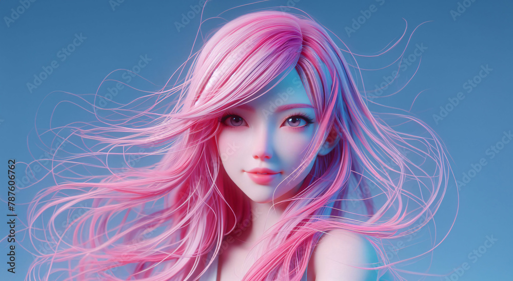 Futuristic girl with pink hair in technology space world with neon lights. Game or book fantasy character