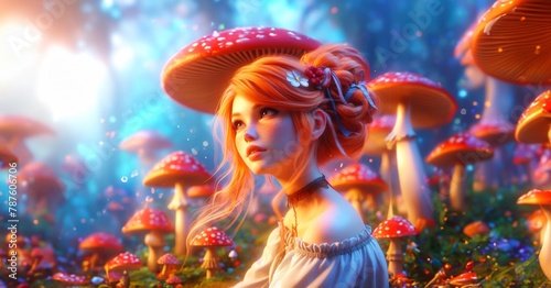 Fantasy character beautiful redhead girl near magic muchrooms
