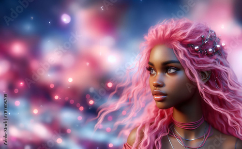 Beautiful  girl with pink hair in fantasy world neon lights. Game or book fantasy character