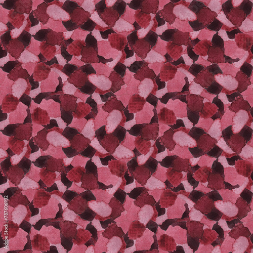 abstract seamless pattern with watercolor stains in red and pink colors