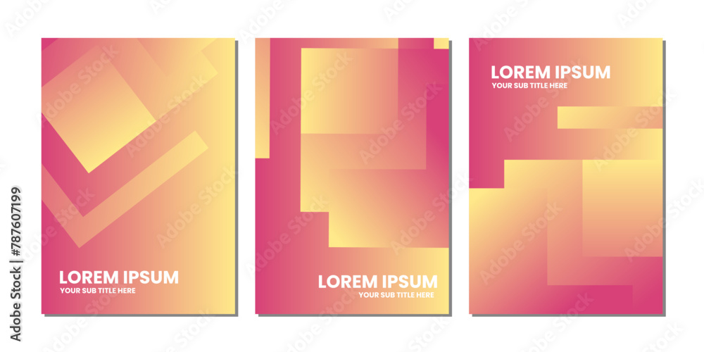 Three panels with pink and yellow gradients and geometric shapes.
