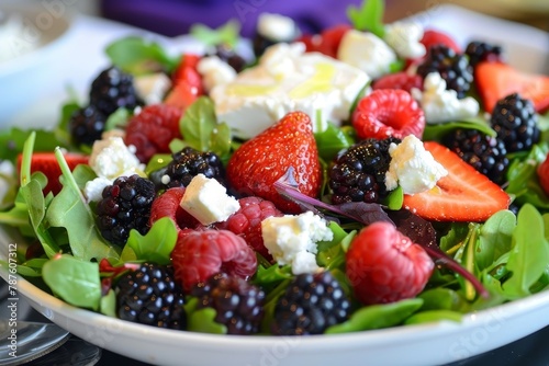 New salad with seasonal berries arugula and goat cheese