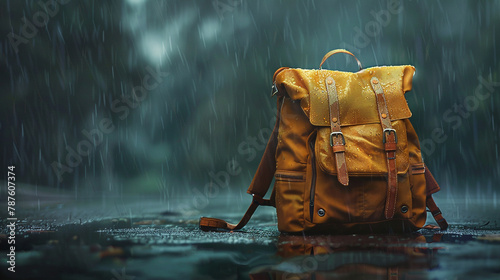 A school bag with a built-in rain cover to protect belongings during wet weather. photo