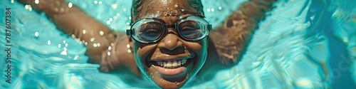 A person with a limb difference smiling while swimming in an accessible pool 