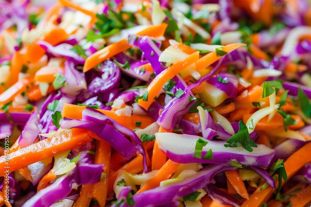 Fototapeta premium Newly prepared coleslaw with red cabbage and carrots