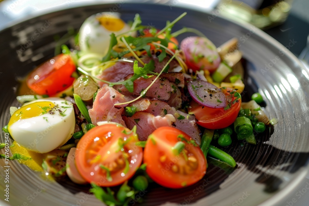 Nicoise Salad in Cannes France restaurant Tilted view Nicoise Salad in Cannes France restaurant Tilted view