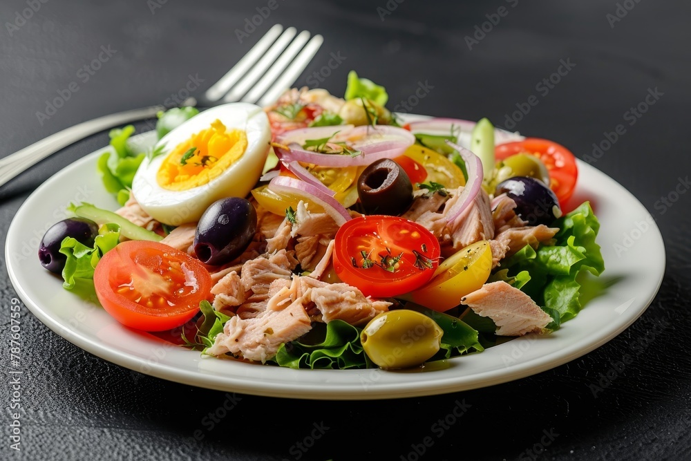 Nicoise salad on white plate with black background