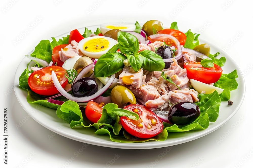 Nicoise Salad with tuna eggs tomatoes lettuce Topped with olives onion basil White background