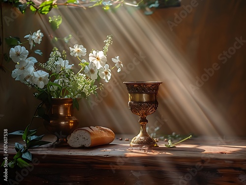 Chalice and bread on a rustic wooden table in a solemn and sacred setting, bathed in divine sunlight