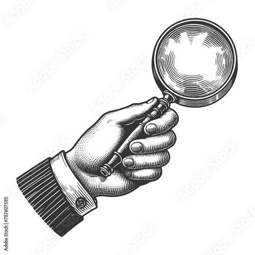 hand holding a magnifying glass, symbolizing search, scrutiny, and discovery sketch engraving generative ai fictional character vector illustration. Scratch board imitation. Black and white image.