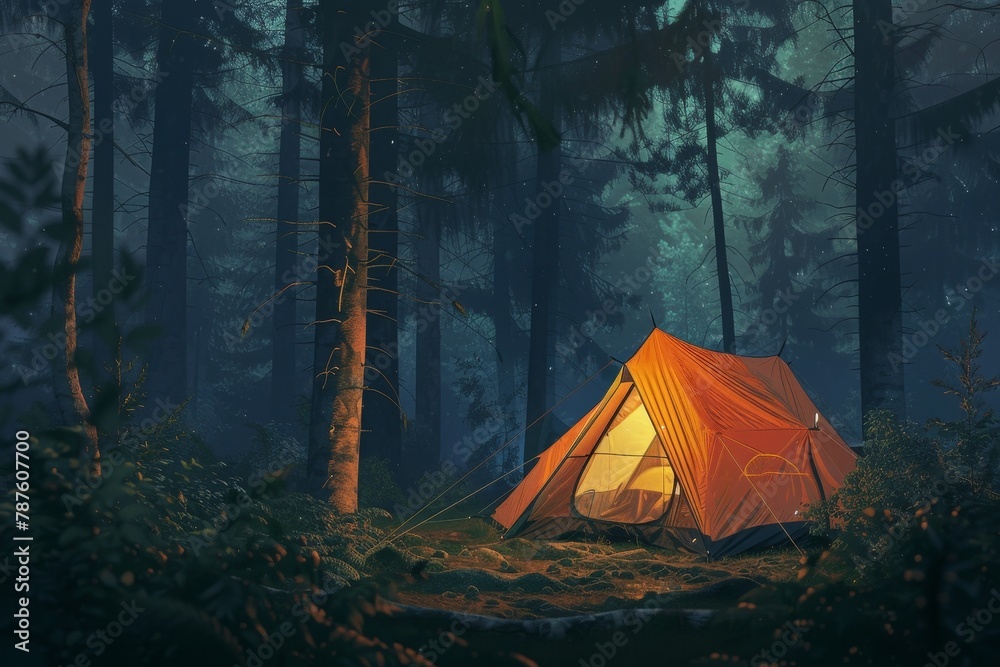 Nighttime in forest with orange tent Nighttime in forest with orange tent