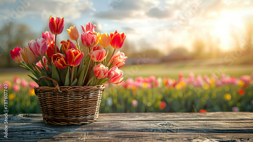 beautiful spring flowers on wooden desk table top with nature background , space for text, cards banners or posters 