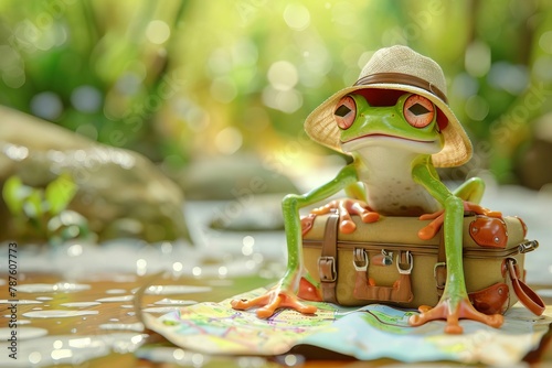 adventurous frog traveler with suitcase and map excited for upcoming vacation digital illustration