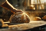 A baker's hands dusting flour over fresh bread loaves, with a dynamic sprinkle of flour in a warm, ambient bakery.