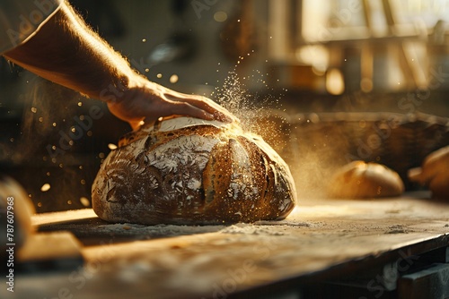 A baker's hands dusting flour over fresh bread loaves, with a dynamic sprinkle of flour in a warm, ambient bakery. photo