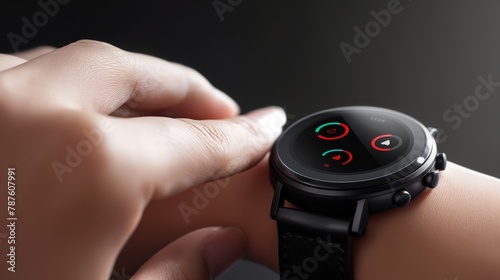 Wallpaper Mural Smartwatch on wrist, black background. Device displays data, highlighting health tracking tech. Torontodigital.ca