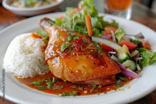 Orange duck dish with rice and salad on white plate