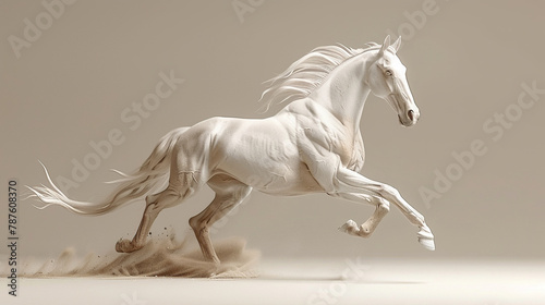 3d white strong running horse portrait  on neutral background   painting or art   cards or banners 