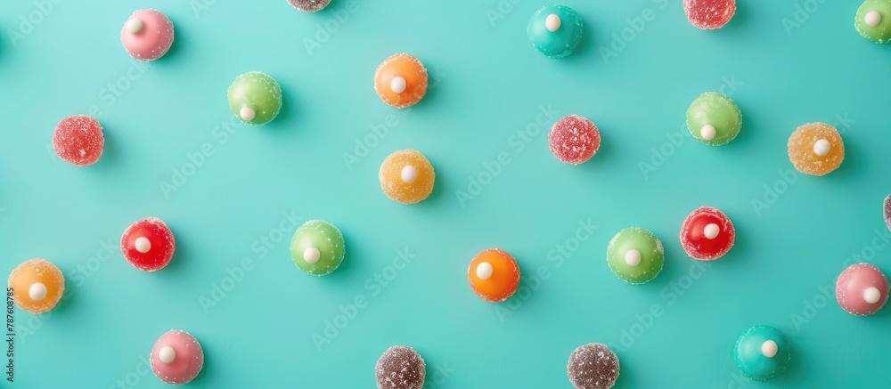 Colorful candies arranged on a soft turquoise background, captured from a top view in a flat lay style. Colorful candies arranged on a soft turquoise background, captured from a top view in a flat lay style.