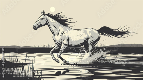 textured painting of black sketch of horse   running fast effect with paint brush rough strokes on white  background  with space for text   card  banners  portraits 