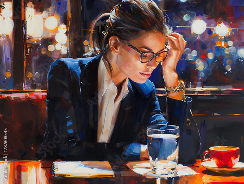 Femme d'affaire élégante travaille tard sur un dossier : avocate, businesswoman, consultante ou entrepreneure la nuit dans un café photo