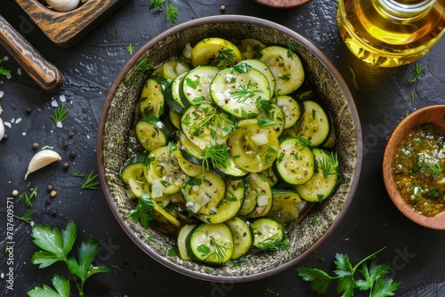 Pickled zucchini salad with garlic flat lay view
