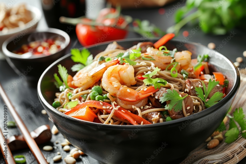 Prepare stir fried noodles with shrimp and vegetables in black bowl Japanese soba salad and udon noodles with beef Asian and Indo Chinese cuisine Prepare stir fried noodles with shrimp and vegetables in black bowl Japanese soba salad and udon noodles with beef Asian and Indo Chinese cuisine