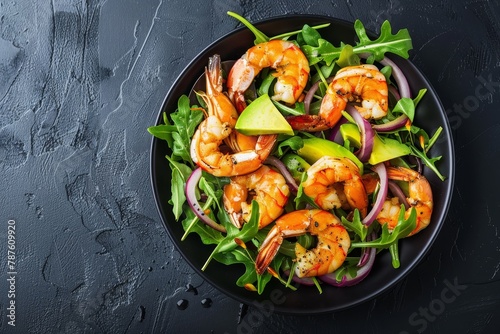 Prawn and shrimp salad with arugula avocado red onion and almonds Healthy and top down view