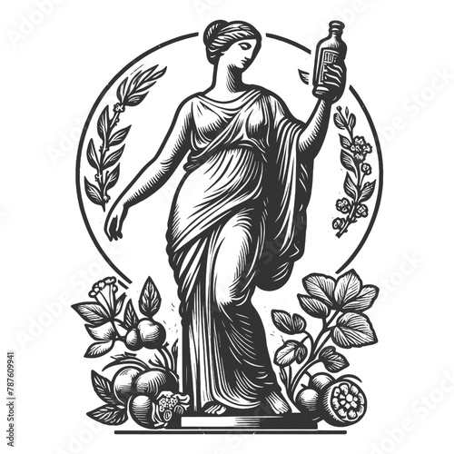 Greek goddess statue holding a bottle, encircled by laurels and floral motifs sketch engraving generative ai fictional character vector illustration. Scratch board imitation. Black and white image.