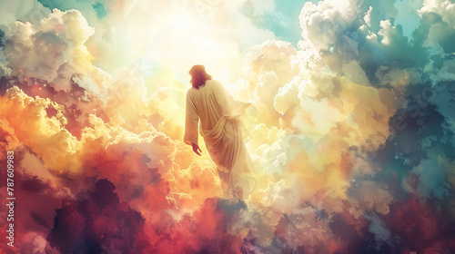 Jesus Christ ascending to heaven above the bright light sky and clouds  with rainbow color art Lost gods, mythology concept, Painting for Christmas concept and book cover ideas photo