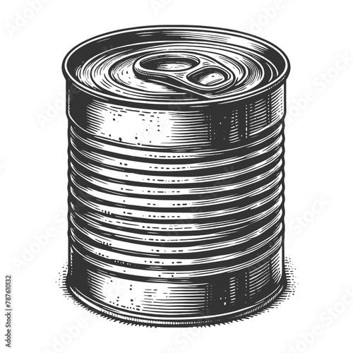 vintage tin can, depicting its textured surface and classic pull-tab opening sketch engraving generative ai vector illustration. Scratch board imitation. Black and white image.