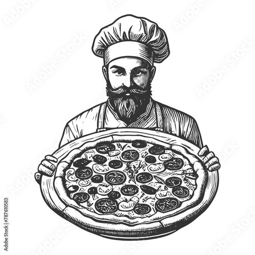 bearded chef with pizza, symbolizing culinary skill and Italian cuisine sketch engraving generative ai fictional character vector illustration. Scratch board imitation. Black and white image.