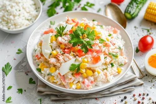 Russian style salad with crab sticks corn eggs cucumber rice Top view flat lay on white background