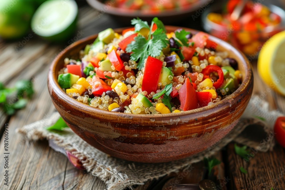 Quinoa Mexican salad in wooden bowl Quinoa Mexican salad in wooden bowl