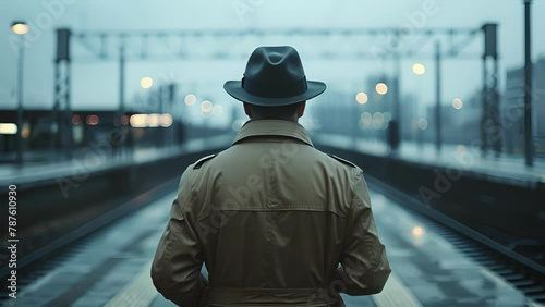 A man in a trench coat and fedora stands on the platform his back to the camera as he gazes off into the distance lost in thought. . . photo