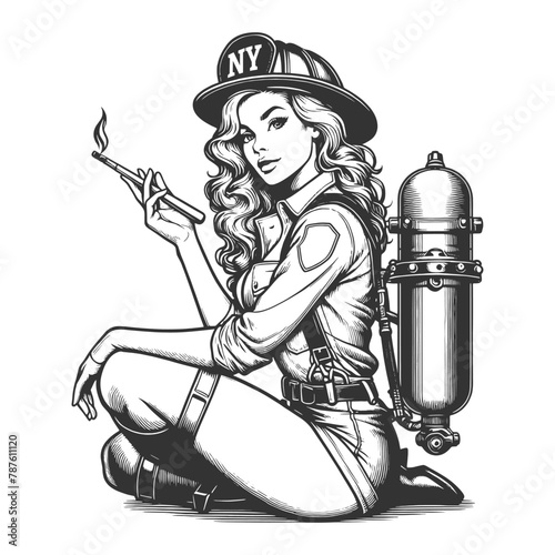 woman firefighter holding a match, with a classic NY helmet sketch engraving generative ai fictional character vector illustration. Scratch board imitation. Black and white image.