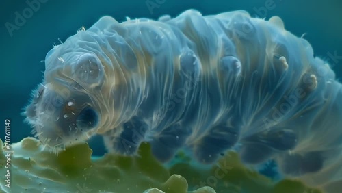 Tardigrades are known to enter a state of suspended animation called cryptobiosis as seen in this microscopic image of a dehydrated . AI generation. photo