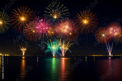 A fireworks display is lit up in the night sky over the water. Ai generated image.