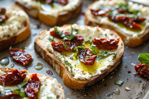 Ricotta and sun dried tomatoes on bread slices with olive oil