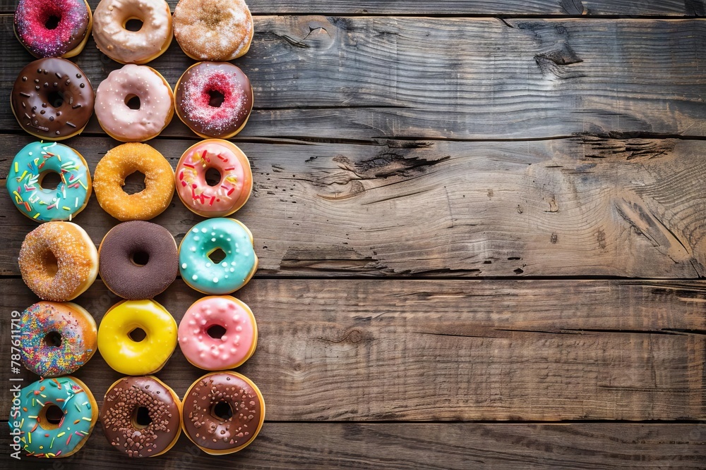 assorted colorful donuts of various flavors arranged on rustic wooden background food photography - obrazy, fototapety, plakaty 