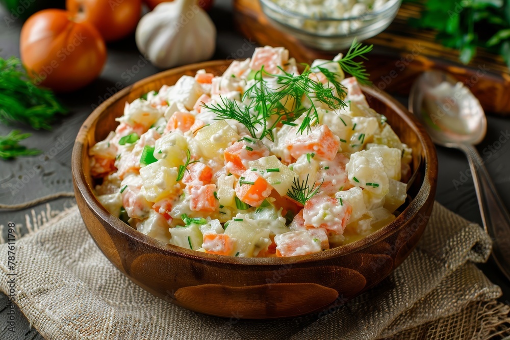 Russian Salad Olivier a traditional dish Made with vegetables Russian Salad Olivier a traditional dish Made with vegetables