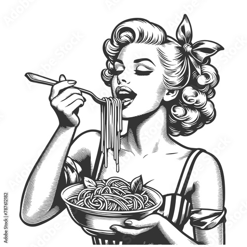 Pin-up girl woman eats pasta spaghetti, evoking culinary delight sketch engraving generative ai fictional character vector illustration. Scratch board imitation. Black and white image.