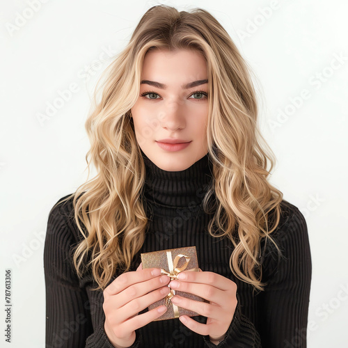 a woman holds a gift in her hands photo