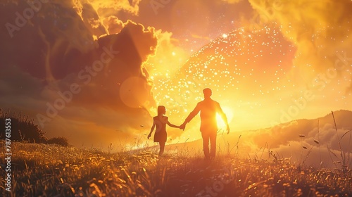 A man and a woman holding each other's hands, lovingly, dreaming of a bigger, brighter tomorrow. Sunlight photo
