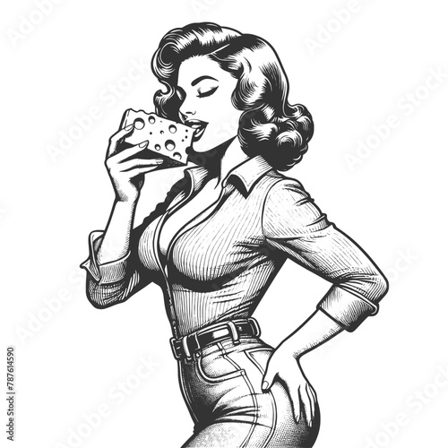 Retro pin-up girl woman eats cheese sketch engraving generative ai fictional character vector illustration. Scratch board imitation. Black and white image.
