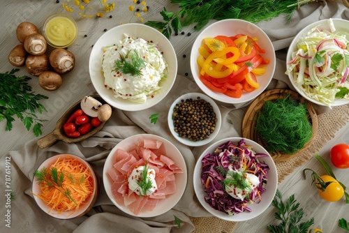 Salad with various ingredients arranged on white dish Healthy salad with beets on brown tablecloth